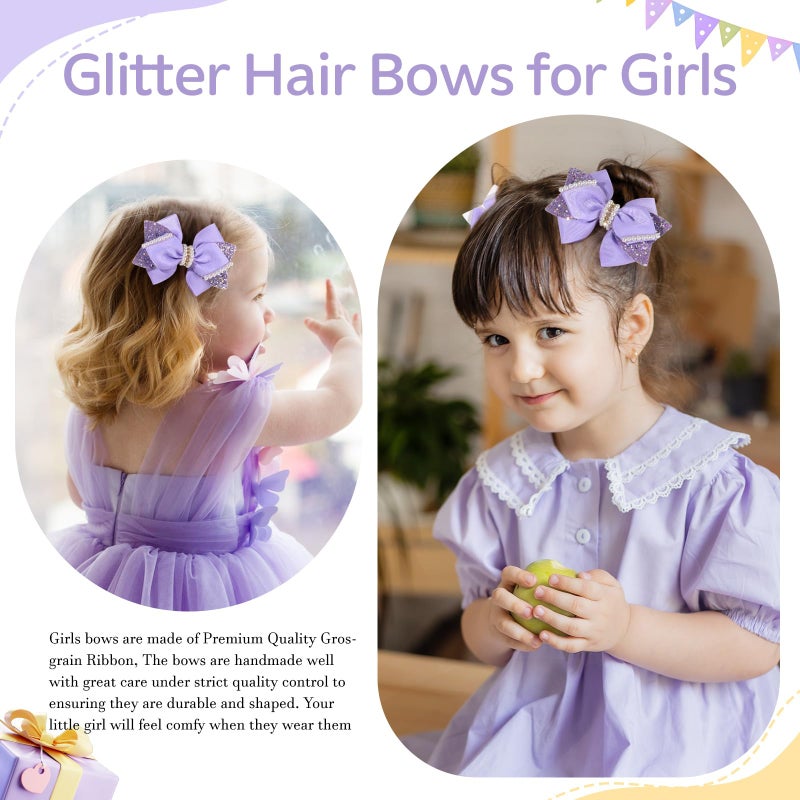 مشابك شعر لامعة مزينة بترتر لامع مقاس 4 بوصات، دبابيس شعر على شكل فيونكة من اللؤلؤ لحفلات الزفاف، مناسبة للمراهقات والأطفال الصغار، إكسسوار لتزيين فساتين حفلات أعياد ميلاد الفتيات المشجعات (بنفسجي فاتح) - Image 3